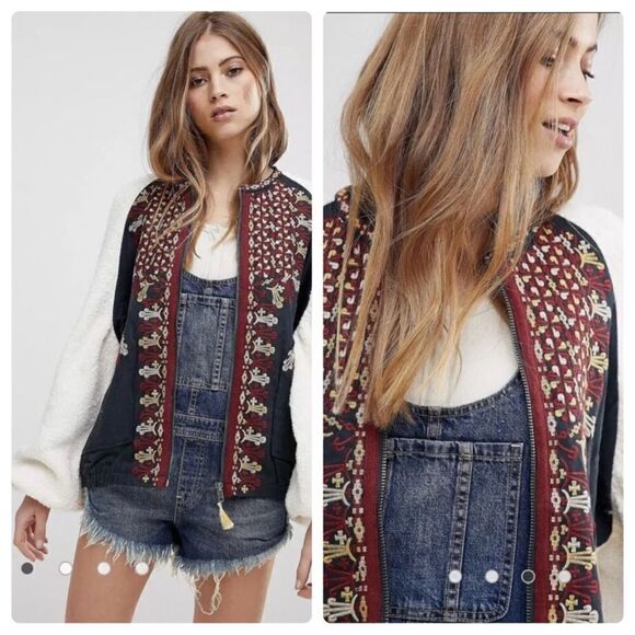 Free People Two Faced Embroidered Jacket Blue Cream Size Small - Picture 1 of 16
